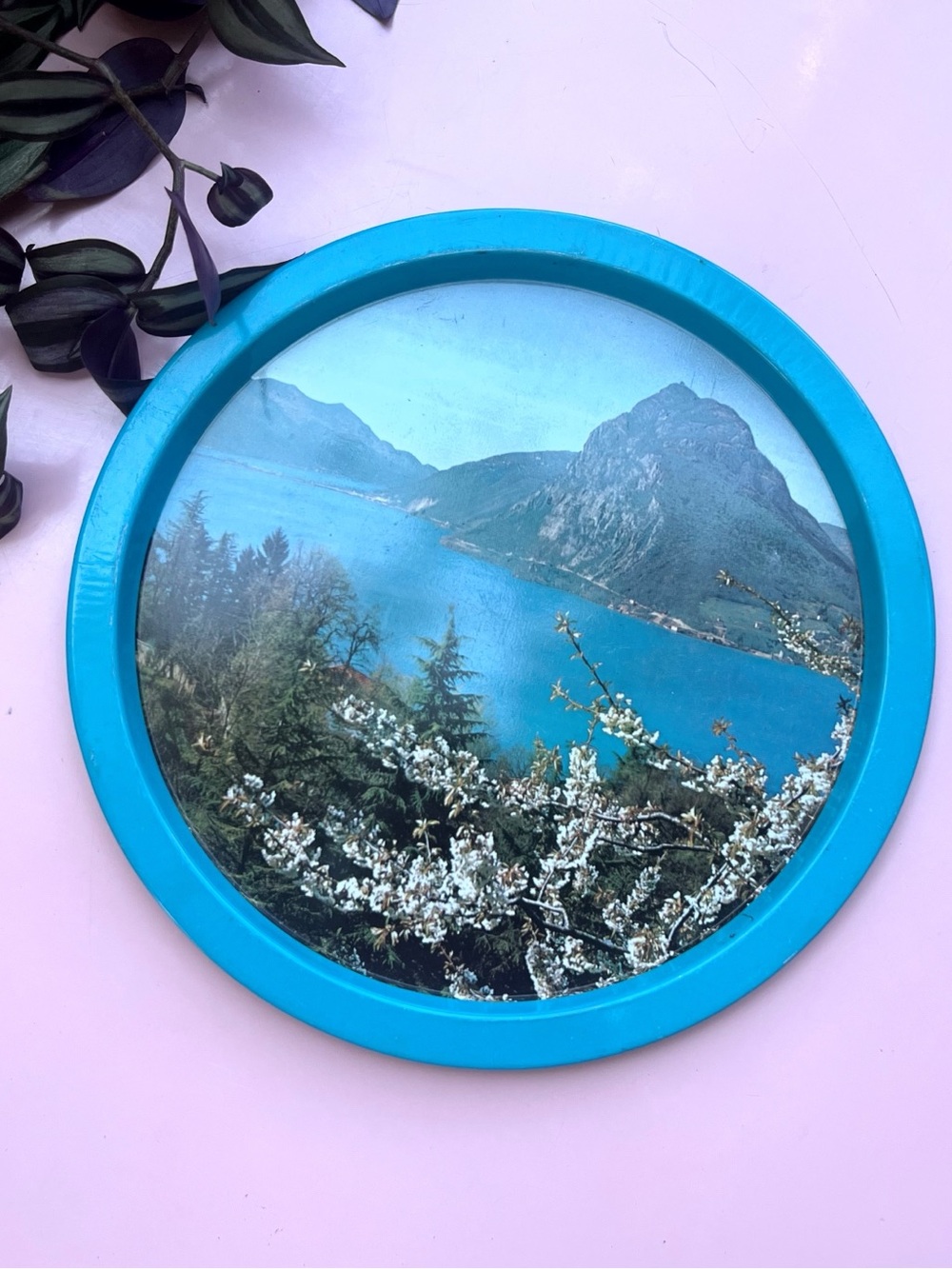 Vintage Italy Scenic Mountain & Water Metal Serving Tray with Blue Rim 11in